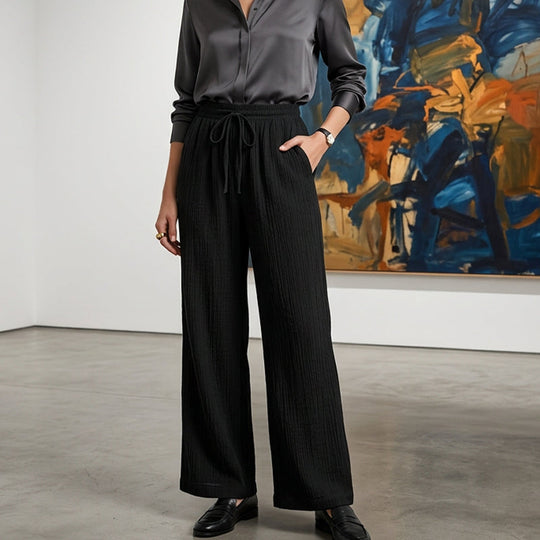 🥳34% OFF today!! 🥳High Waisted Drawstring Wide Leg Casual Linen-Feel Soft Touch Trousers with Side Pockets