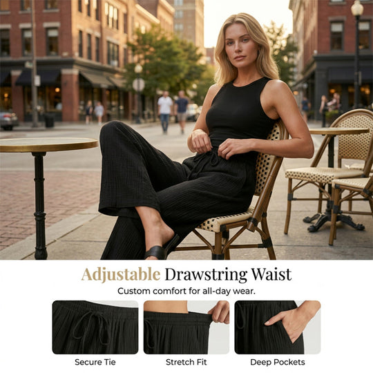 🥳34% OFF today!! 🥳High Waisted Drawstring Wide Leg Casual Linen-Feel Soft Touch Trousers with Side Pockets