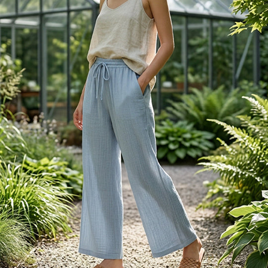 🥳34% OFF today!! 🥳High Waisted Drawstring Wide Leg Casual Linen-Feel Soft Touch Trousers with Side Pockets