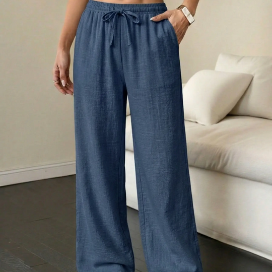 🥳34% OFF today!! 🥳High Waisted Drawstring Wide Leg Casual Linen-Feel Soft Touch Trousers with Side Pockets