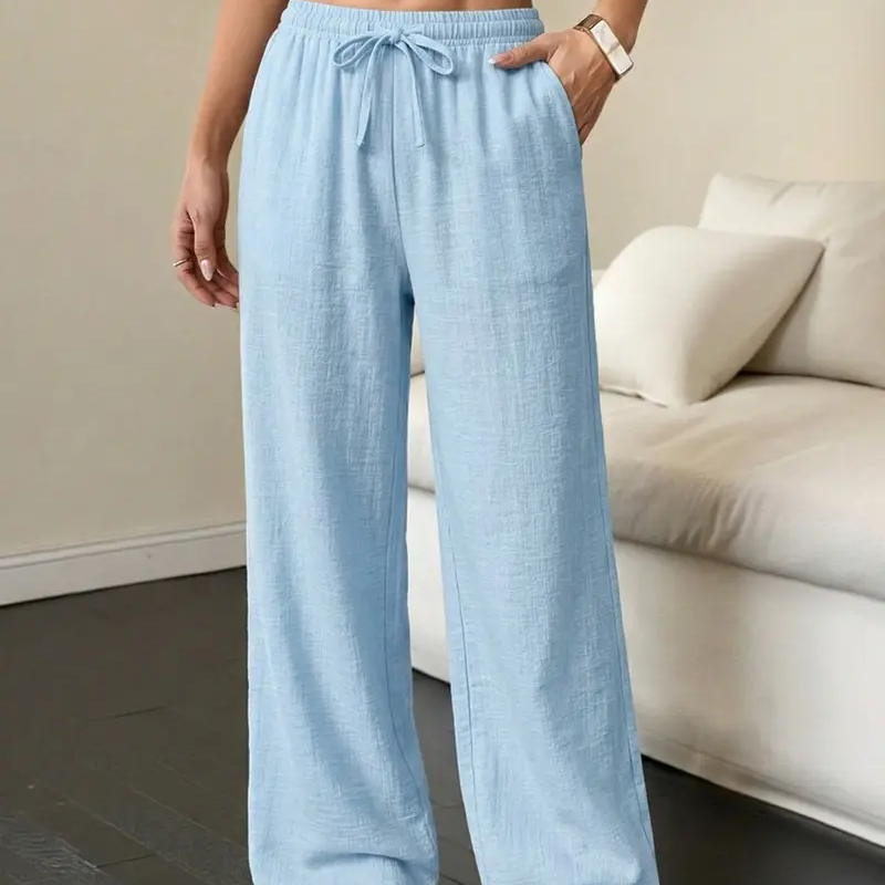 🥳34% OFF today!! 🥳High Waisted Drawstring Wide Leg Casual Linen-Feel Soft Touch Trousers with Side Pockets