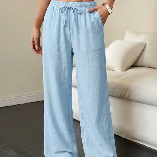 🥳34% OFF today!! 🥳High Waisted Drawstring Wide Leg Casual Linen-Feel Soft Touch Trousers with Side Pockets