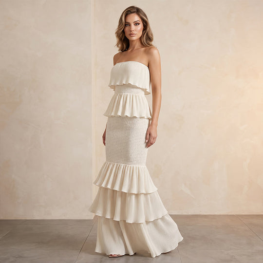 ✈️LAST DAY FREE SHIPPING💃Women’s Strapless Tiered Ruffle Smocked Dress