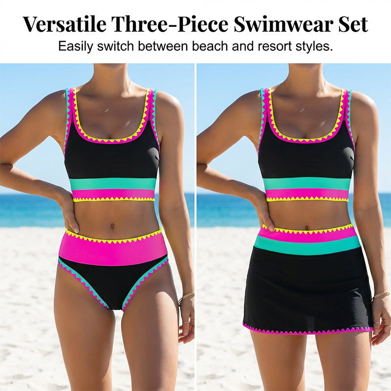 3 Piece Bikini Sets,Tummy Control & High Waisted Swimsuit with Adjustable Wide Shoulder Straps, Neon Color Sporty Swimsuit