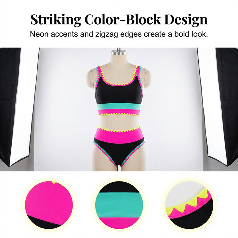 3 Piece Bikini Sets,Tummy Control & High Waisted Swimsuit with Adjustable Wide Shoulder Straps, Neon Color Sporty Swimsuit