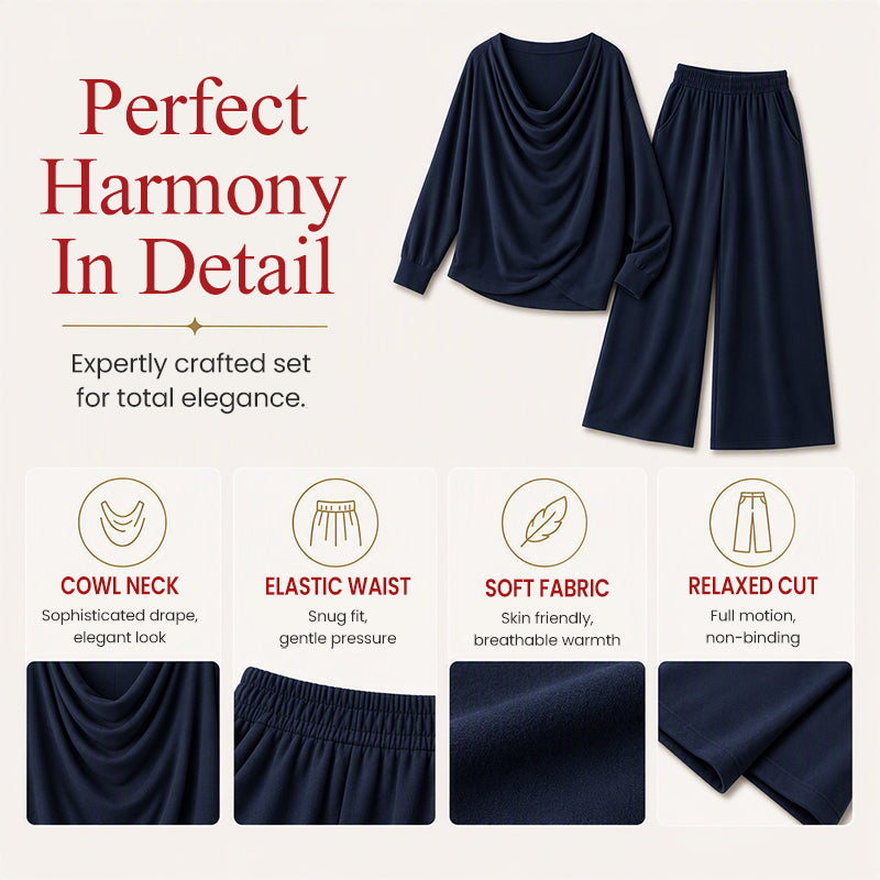 🏆LAST DAY SALE 50% OFF🔥🍂 Women's Cowl Neck Top and Wide-Leg Pants Set – Effortless Elegance for Autumn