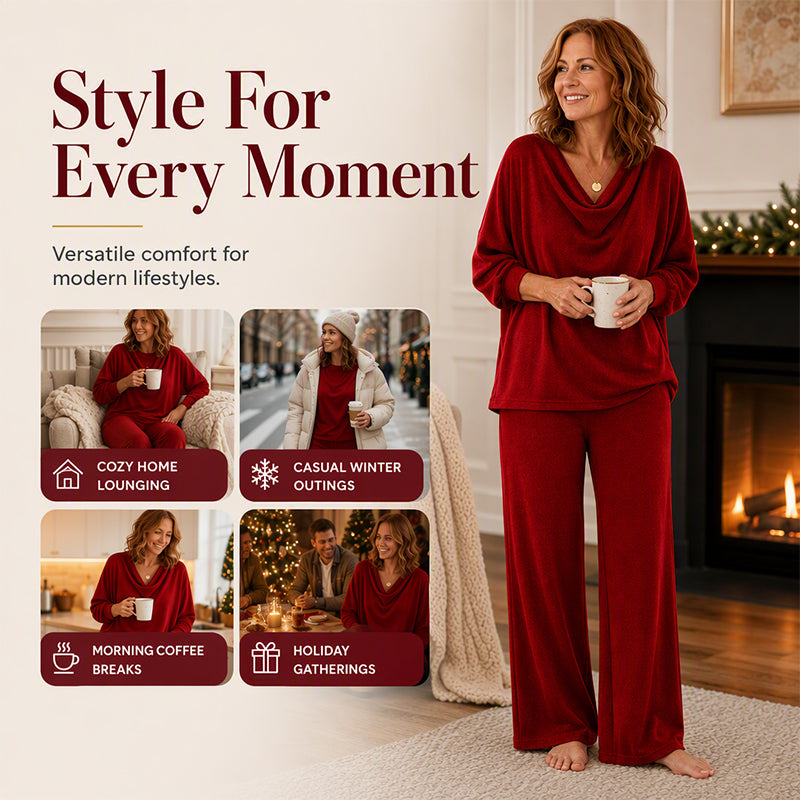 🏆LAST DAY SALE 50% OFF🔥🍂 Women's Cowl Neck Top and Wide-Leg Pants Set – Effortless Elegance for Autumn