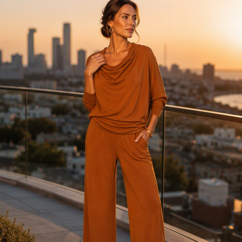 🏆LAST DAY SALE 50% OFF🔥🍂 Women's Cowl Neck Top and Wide-Leg Pants Set – Effortless Elegance for Autumn