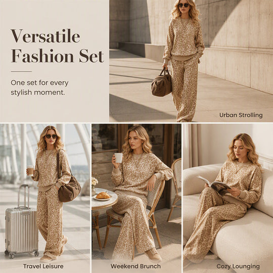 🌸Hot Sale💖Women's Leopard Print Sweatshirt & Wide-Leg Pants Set