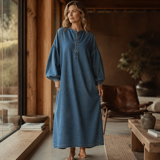Women's Long Lantern Sleeve Maxi Denim Dress ✨