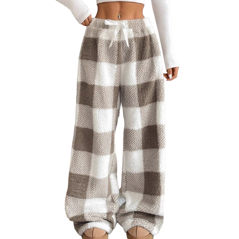 ☁️ Feel-Good Comfort | Women's Plush Plaid Wide-Leg Trousers