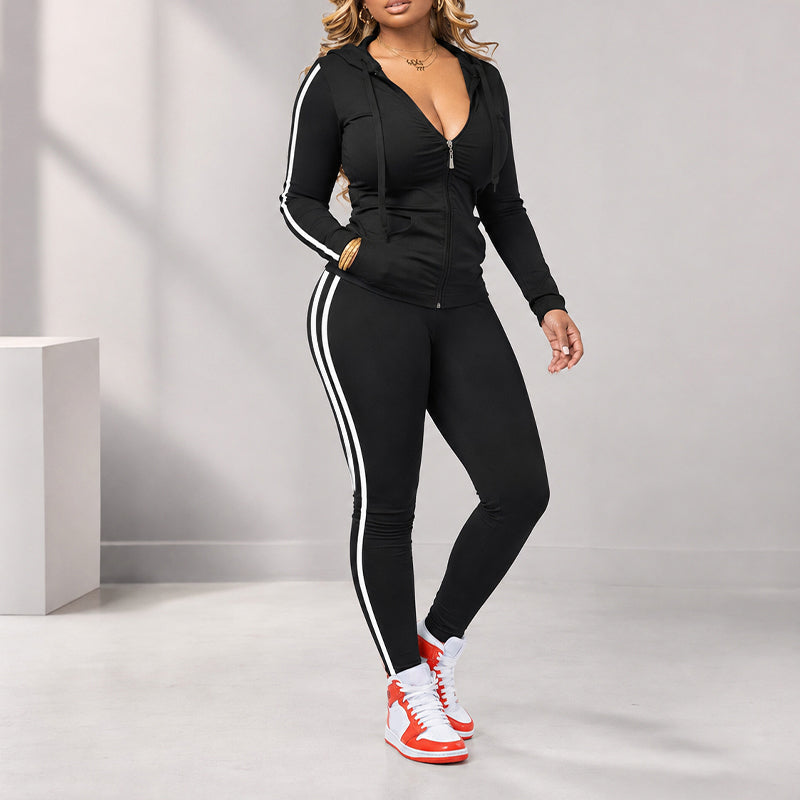 💕 Sporty Everyday Comfort | Women's Striped Zip-Up Hoodie & Pants 2-Piece Set