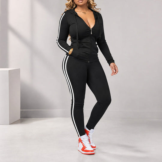 💕 Sporty Everyday Comfort | Women's Striped Zip-Up Hoodie & Pants 2-Piece Set
