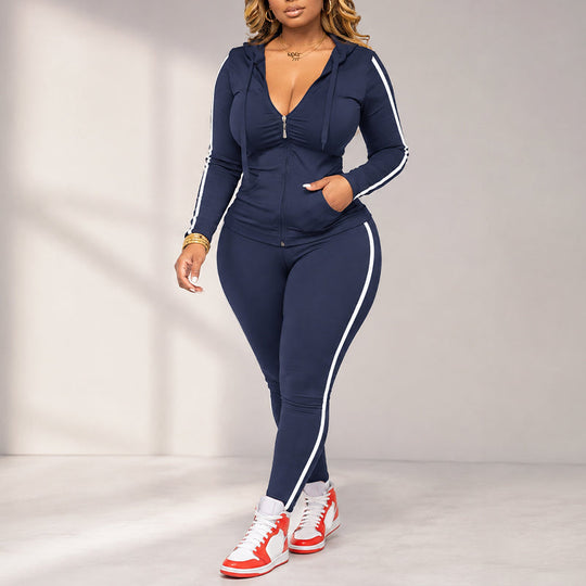 💕 Sporty Everyday Comfort | Women's Striped Zip-Up Hoodie & Pants 2-Piece Set