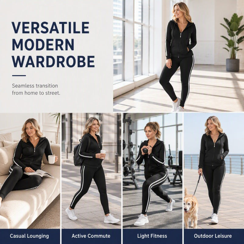 💕 Sporty Everyday Comfort | Women's Striped Zip-Up Hoodie & Pants 2-Piece Set