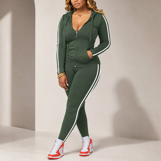 💕 Sporty Everyday Comfort | Women's Striped Zip-Up Hoodie & Pants 2-Piece Set