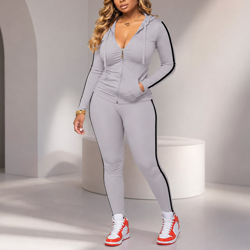 💕 Sporty Everyday Comfort | Women's Striped Zip-Up Hoodie & Pants 2-Piece Set
