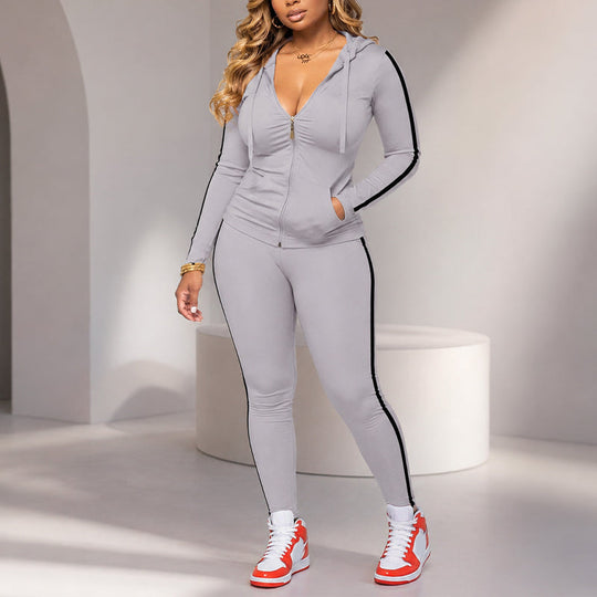 💕 Sporty Everyday Comfort | Women's Striped Zip-Up Hoodie & Pants 2-Piece Set