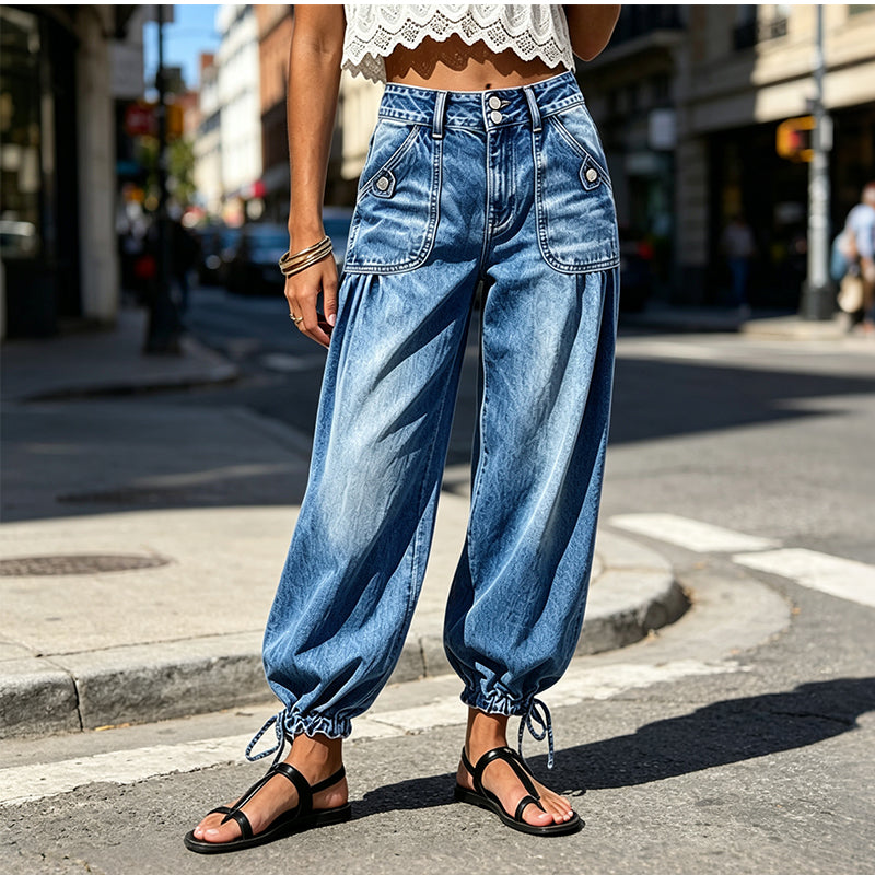 ✨ Flattering Denim Style ☁️ Women's High-Waisted Adjustable-Hem Barrel Jeans