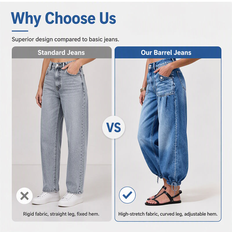 ✨ Flattering Denim Style ☁️ Women's High-Waisted Adjustable-Hem Barrel Jeans