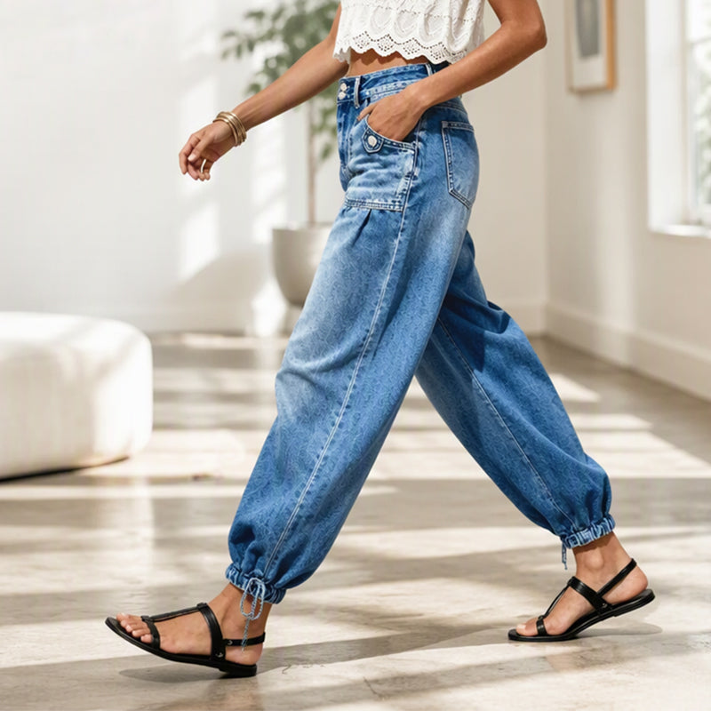✨ Flattering Denim Style ☁️ Women's High-Waisted Adjustable-Hem Barrel Jeans