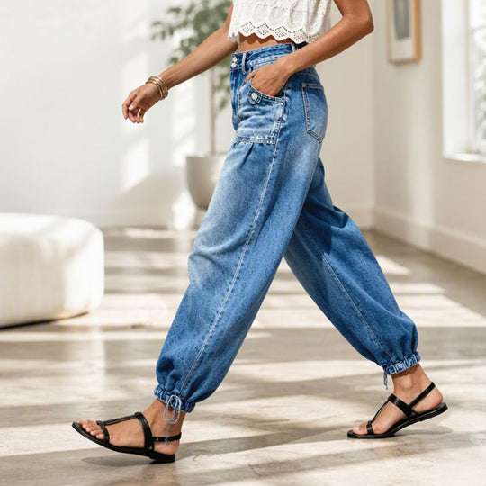 ✨ Flattering Denim Style ☁️ Women's High-Waisted Adjustable-Hem Barrel Jeans