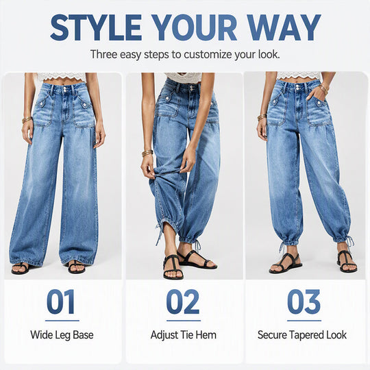 ✨ Flattering Denim Style ☁️ Women's High-Waisted Adjustable-Hem Barrel Jeans