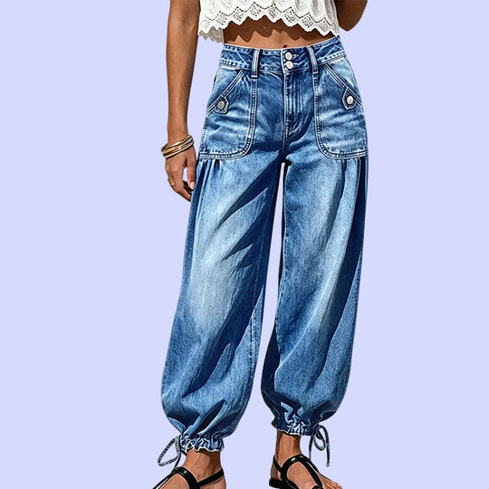 ✨ Flattering Denim Style ☁️ Women's High-Waisted Adjustable-Hem Barrel Jeans