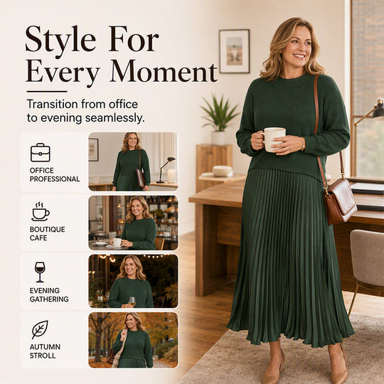 🍂Women's Solid Color Long Sleeve Jumper & Pleated Bottom Dress