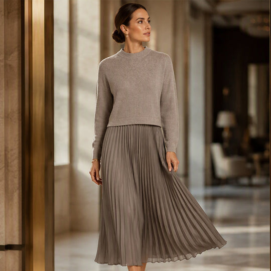 🍂Women's Solid Color Long Sleeve Jumper & Pleated Bottom Dress