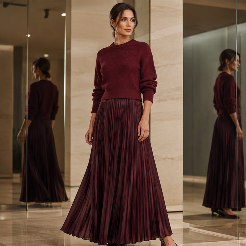 🍂Women's Solid Color Long Sleeve Jumper & Pleated Bottom Dress