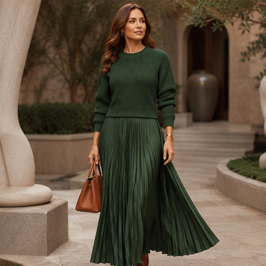 🍂Women's Solid Color Long Sleeve Jumper & Pleated Bottom Dress