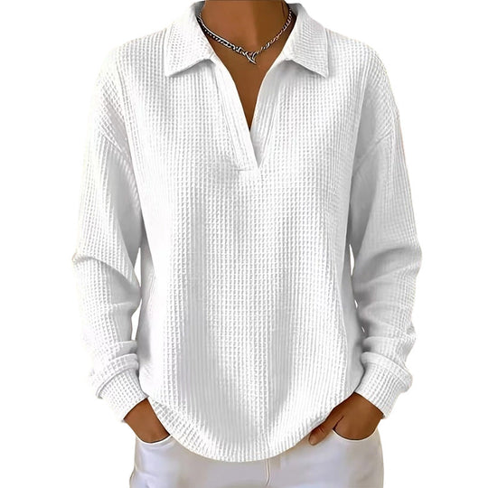 ✨ Textured Comfort | Women's Waffle-Knit V-Neck Relaxed-Fit Top