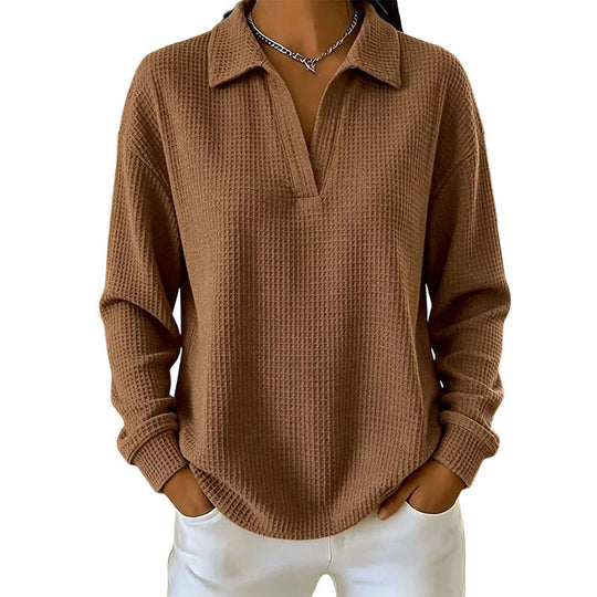 ✨ Textured Comfort | Women's Waffle-Knit V-Neck Relaxed-Fit Top