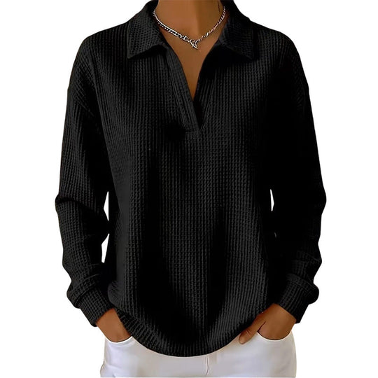 ✨ Textured Comfort | Women's Waffle-Knit V-Neck Relaxed-Fit Top