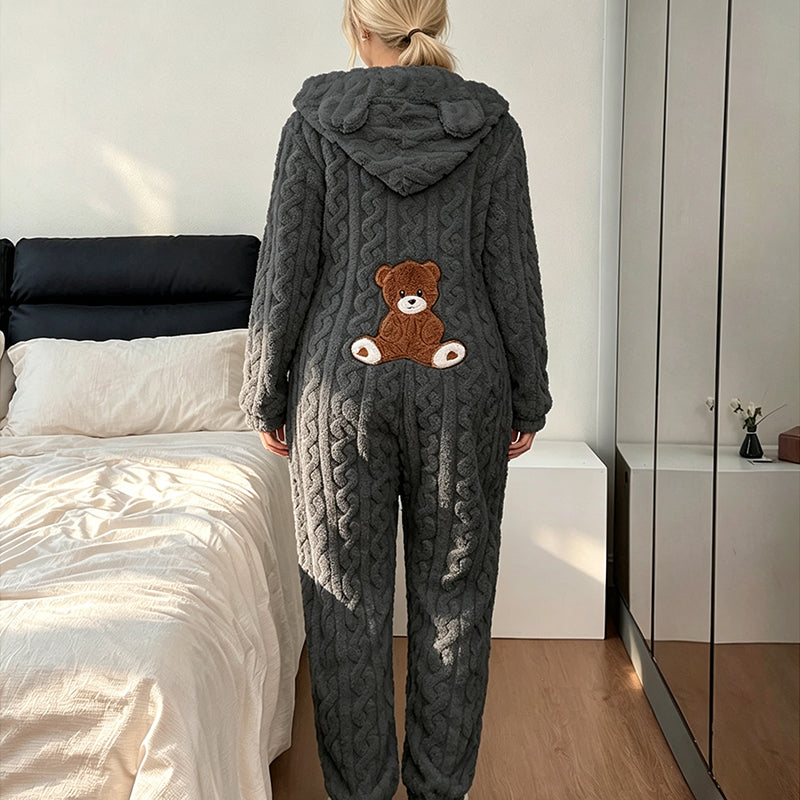 💖🐻 Playful Comfort | Women's Bear-Embroidered Cable-Knit Hooded Loungewear