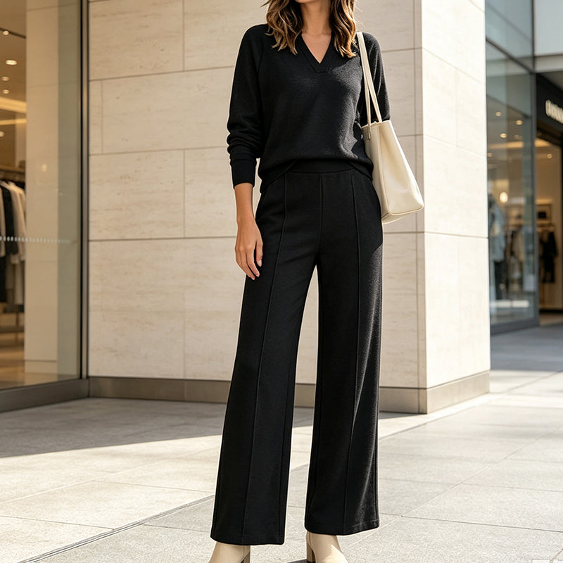🎉 2 Pieces, Endless Possibilities | Women's V-Neck Top & Wide-Leg Pants Set