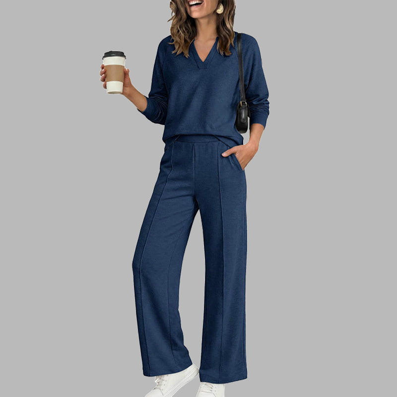 🎉 2 Pieces, Endless Possibilities | Women's V-Neck Top & Wide-Leg Pants Set