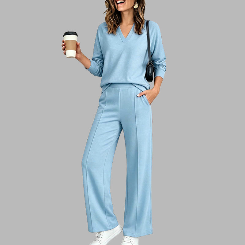 🎉 2 Pieces, Endless Possibilities | Women's V-Neck Top & Wide-Leg Pants Set