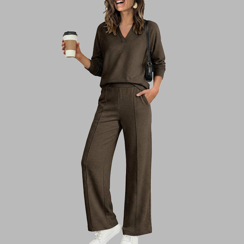 🎉 2 Pieces, Endless Possibilities | Women's V-Neck Top & Wide-Leg Pants Set
