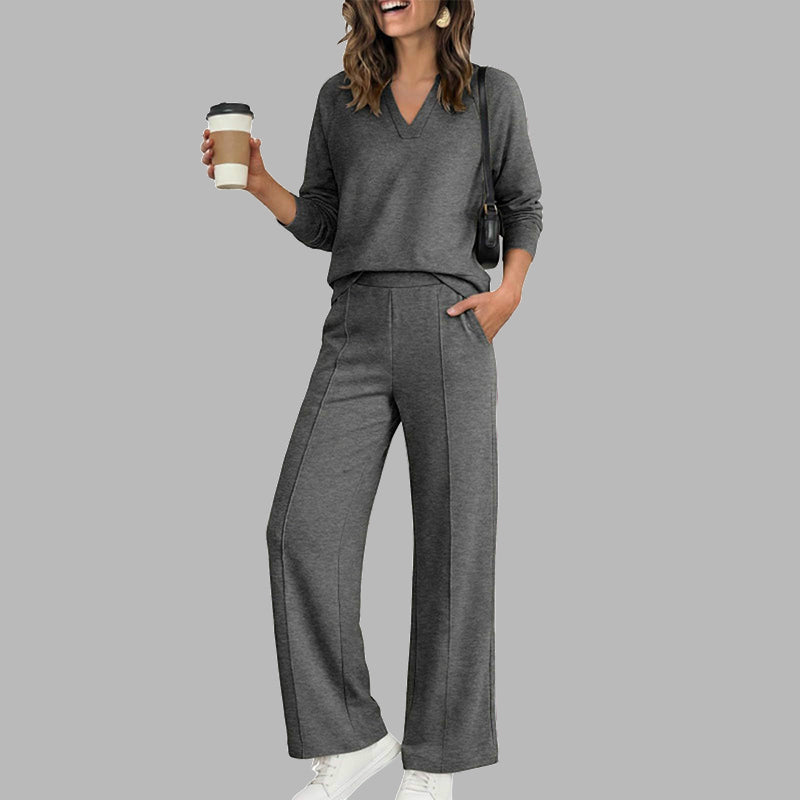 🎉 2 Pieces, Endless Possibilities | Women's V-Neck Top & Wide-Leg Pants Set