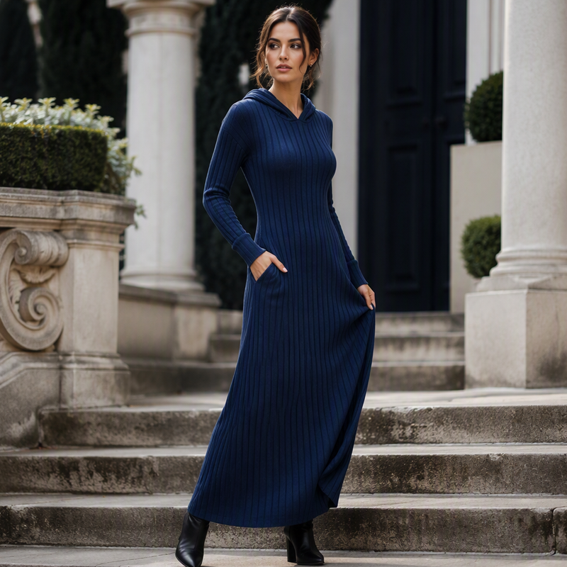 👗✨Women's Casual Ribbed Knit Hooded Dress