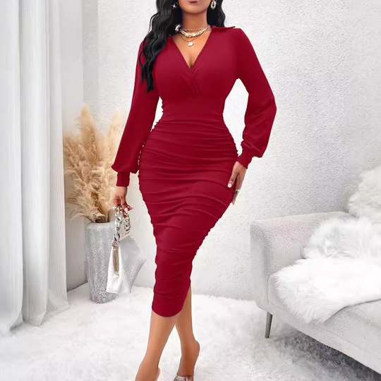 💃 Flattering Ruching, Elegant Curves | Women's V-Neck Lantern Sleeve Midi Dress