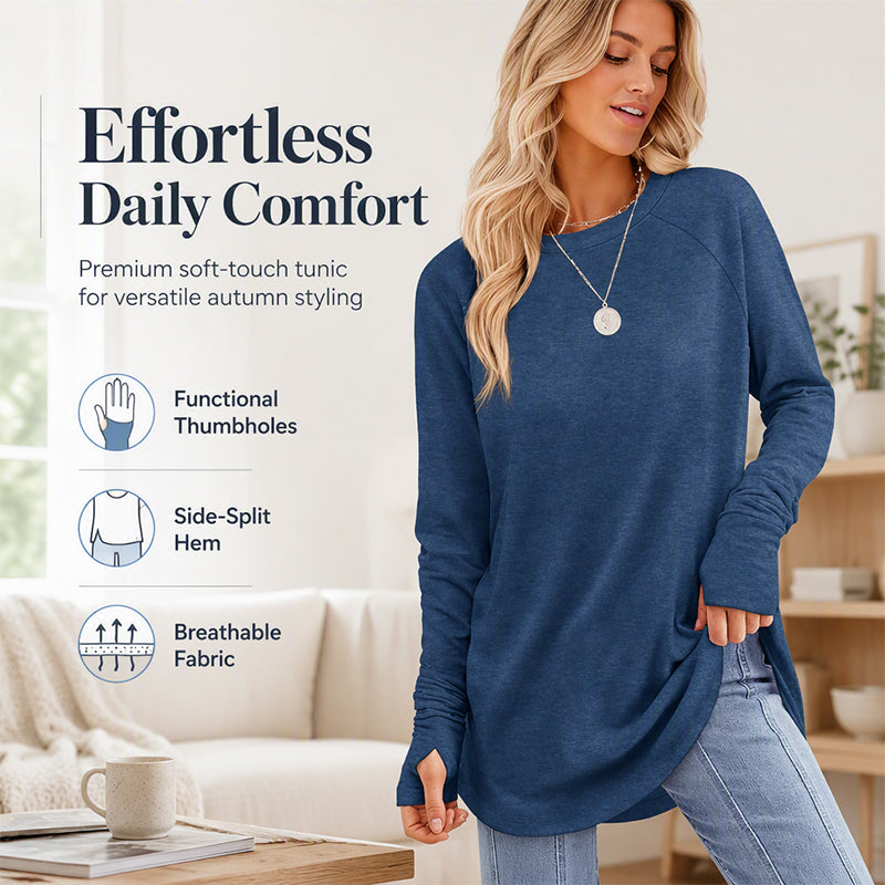 ✨ Easy Everyday Style 💖Women's Casual Crewneck Long Sleeve Top With Thumb Holes and Curved Hem