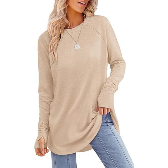 ✨ Easy Everyday Style 💖Women's Casual Crewneck Long Sleeve Top With Thumb Holes and Curved Hem