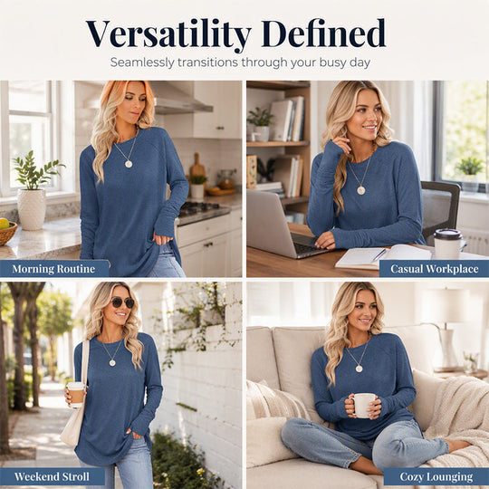 ✨ Easy Everyday Style 💖Women's Casual Crewneck Long Sleeve Top With Thumb Holes and Curved Hem