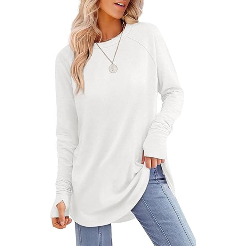✨ Easy Everyday Style 💖Women's Casual Crewneck Long Sleeve Top With Thumb Holes and Curved Hem
