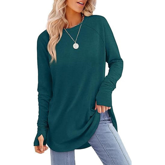 ✨ Easy Everyday Style 💖Women's Casual Crewneck Long Sleeve Top With Thumb Holes and Curved Hem