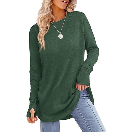 ✨ Easy Everyday Style 💖Women's Casual Crewneck Long Sleeve Top With Thumb Holes and Curved Hem