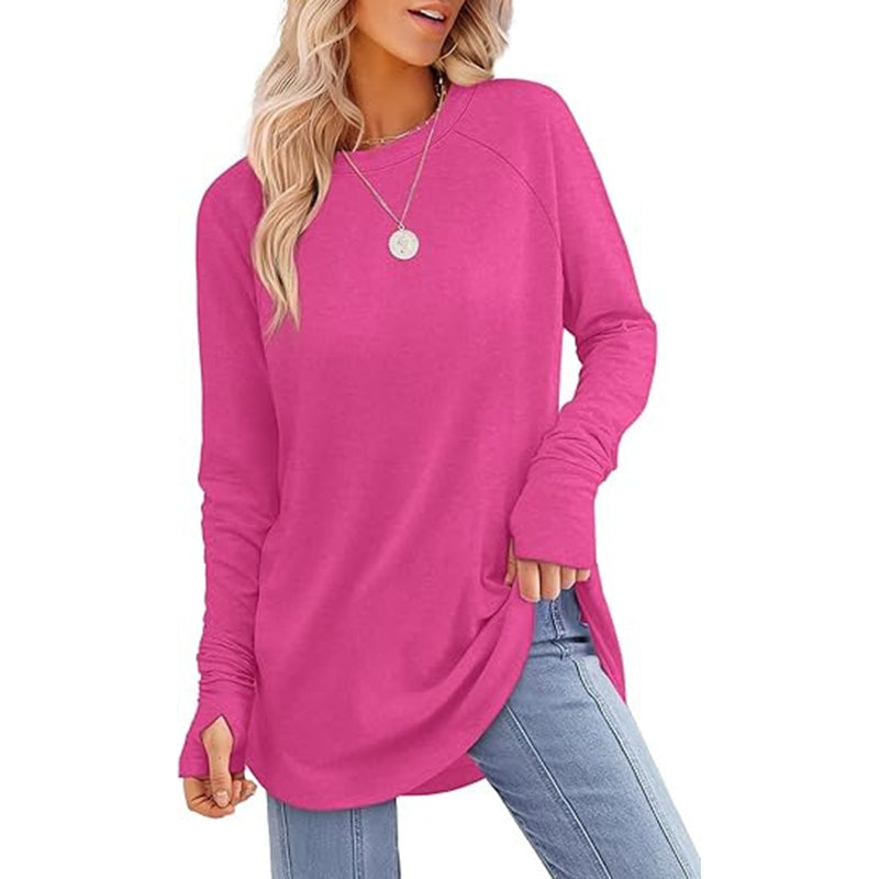 ✨ Easy Everyday Style 💖Women's Casual Crewneck Long Sleeve Top With Thumb Holes and Curved Hem